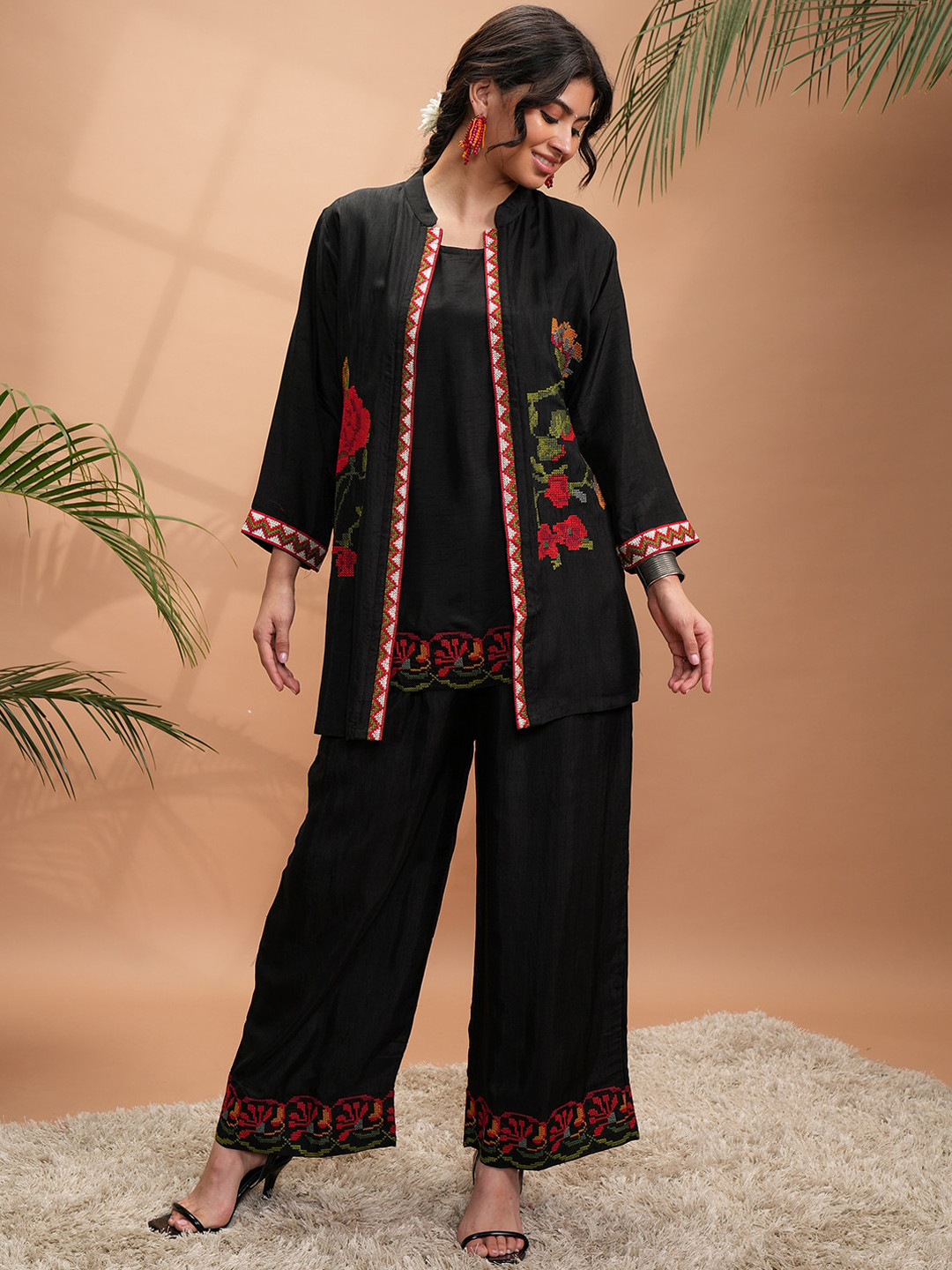 Vishudh Floral Embroidered Straight Pure Cotton Kurti With Trousers & Jacket