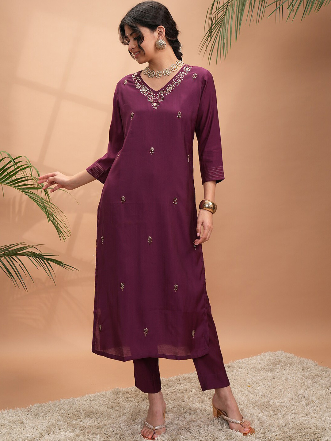 Vishudh Purple Floral Embroidered Mirror Work Straight Kurta with Trousers