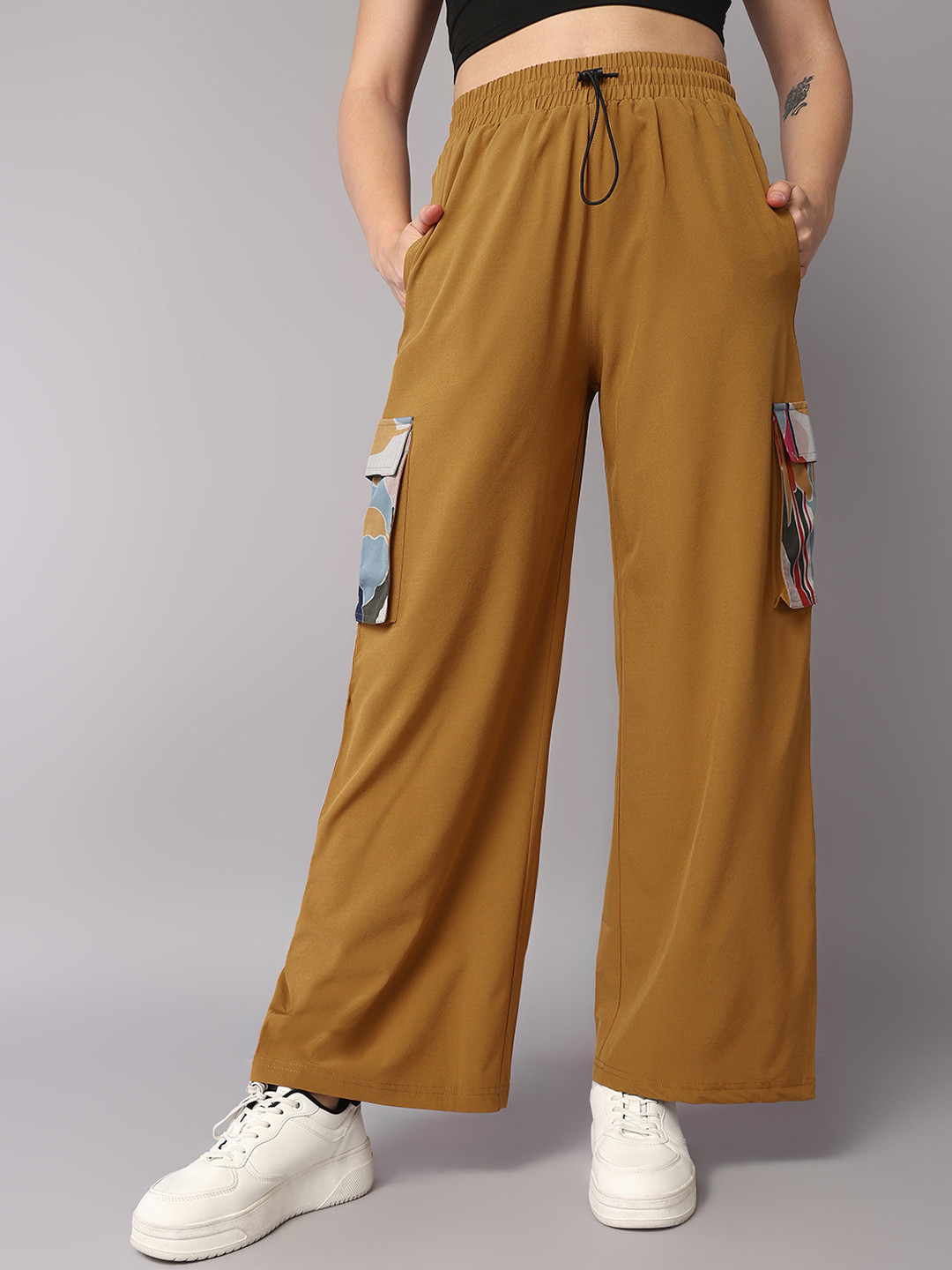 The Roadster Lifestyle Co. Losse Fit Baggy Track Pants with Printed Cargo Pocket Detail