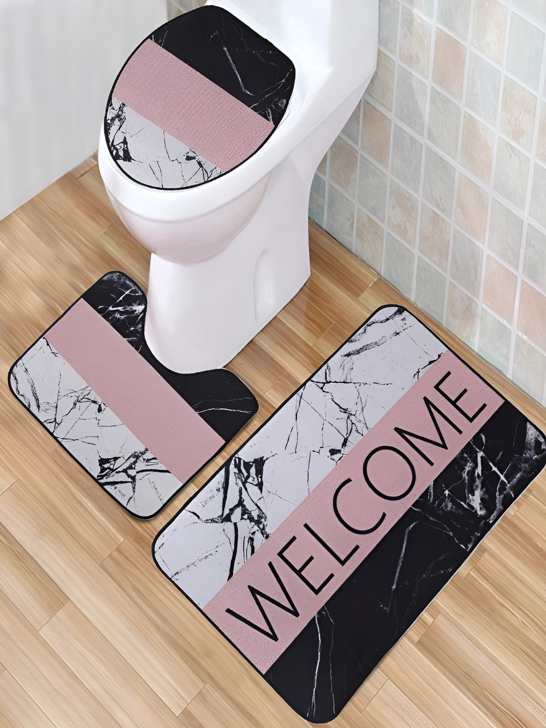 Kuber Industries Pink Black 3 Pieces Colourblock Anti-Skid Bathroom Floor Mats