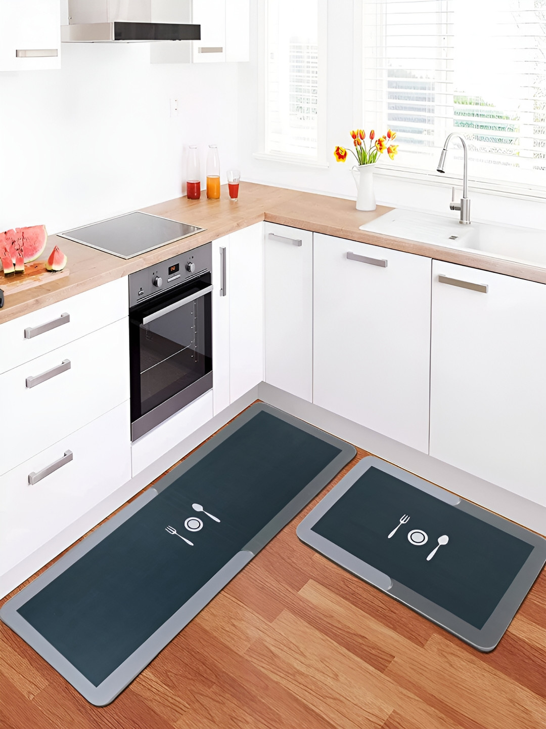 Kuber Industries Grey 2 Pcs Printed Anti Skid Kitchen & Bedroom Mats