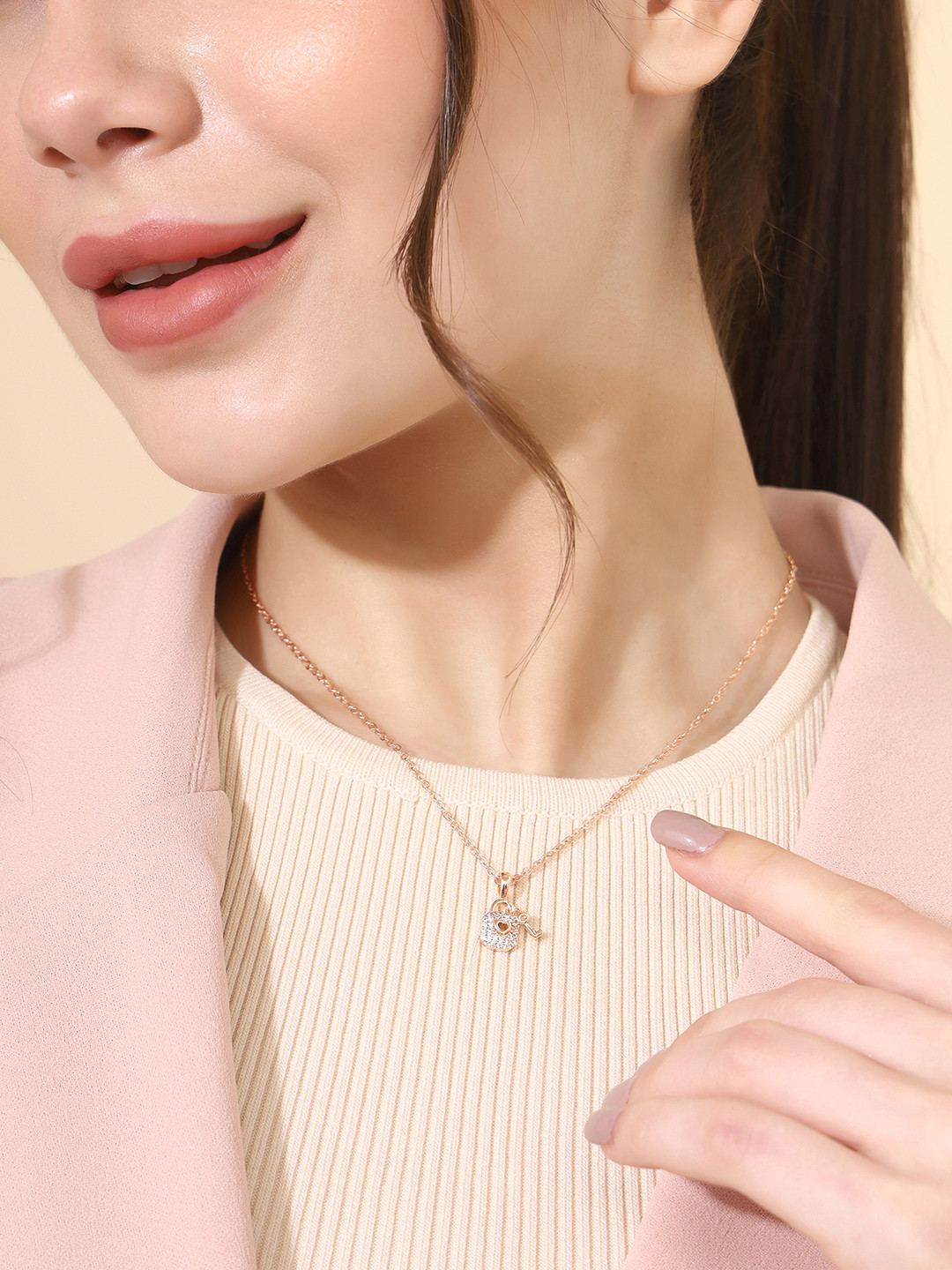 PRITA Rose Gold Plated Artificial Stones Pendant With Chain