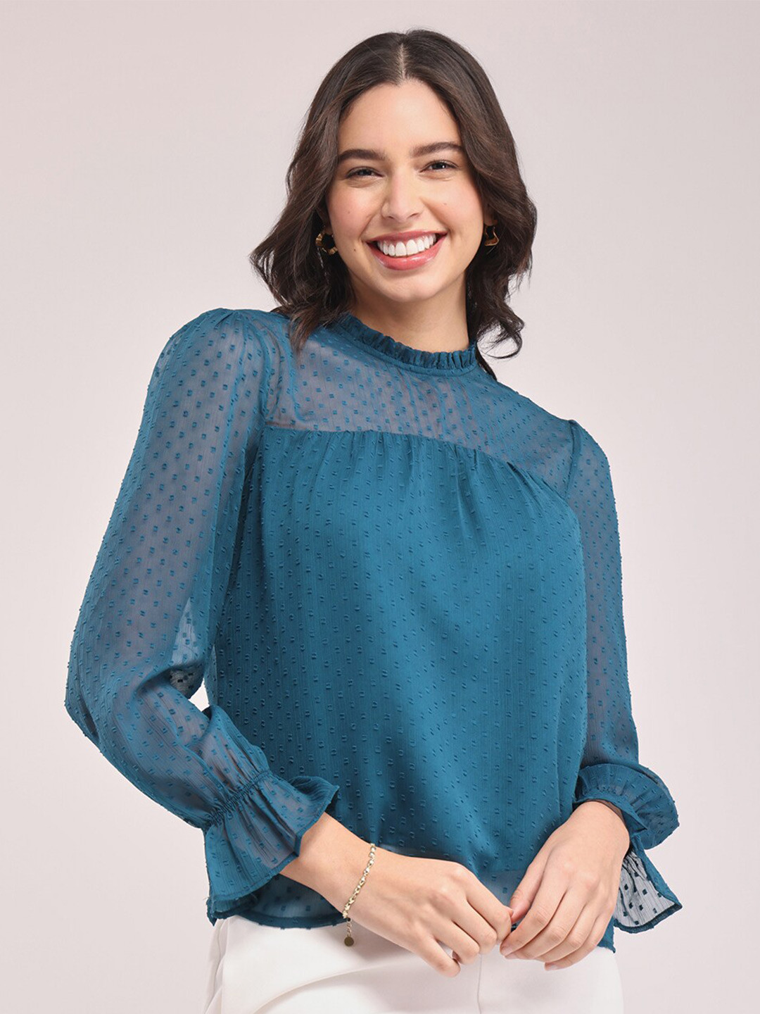 FableStreet Chiffon Ruffle Neck Top