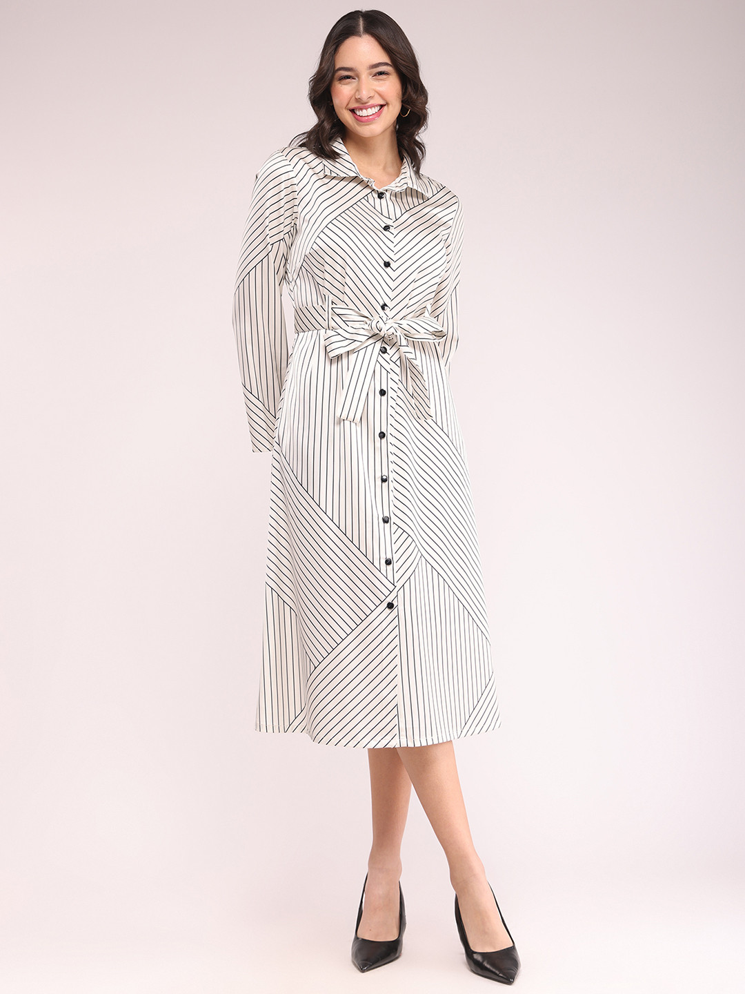 FableStreet Striped Tie Ups Shirt Midi Women Dress With Belt