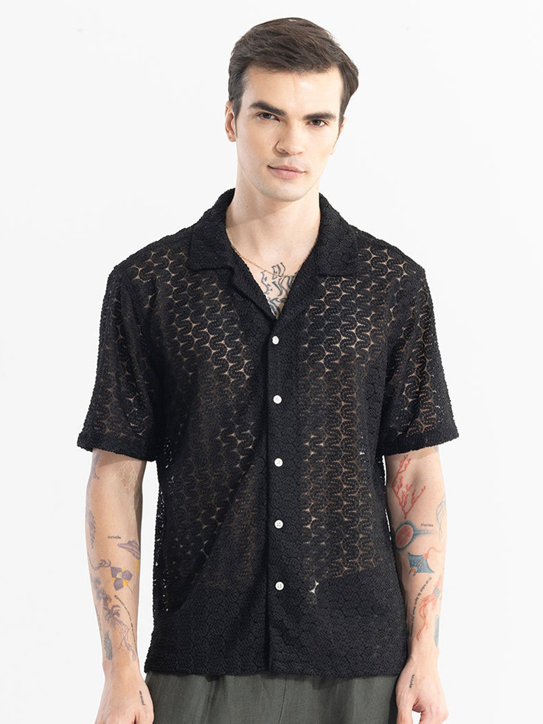 Snitch Black Self Design Textured Classic Boxy Opaque Casual Crochet Shirt