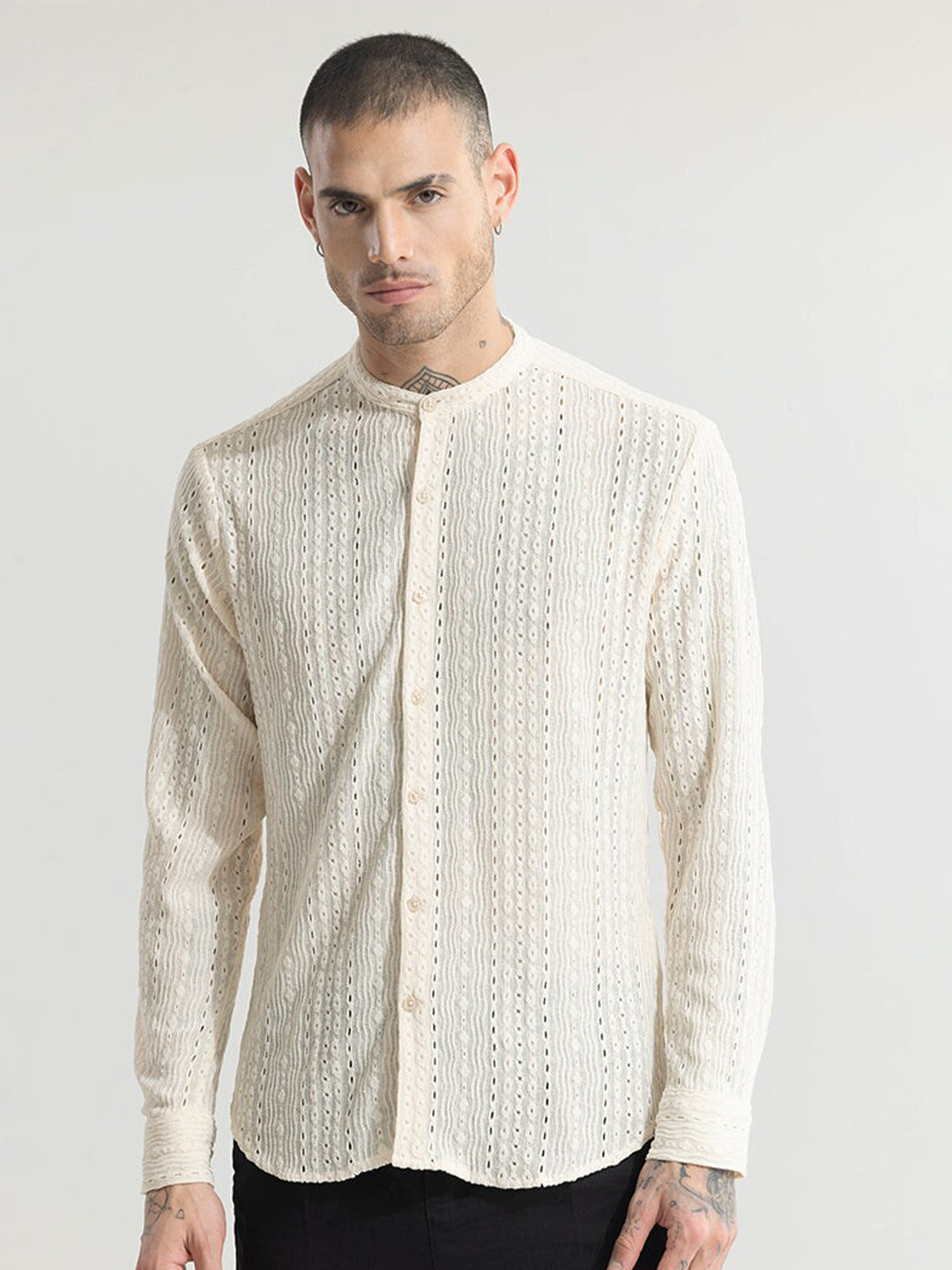 Snitch Cream Self Design Textured Band Collar Classic Slim Fit Casual Shirt