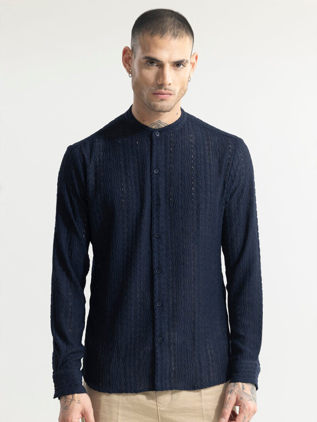 Snitch Classic Band Collar Long Sleeves Slim Fit Printed Casual Shirt