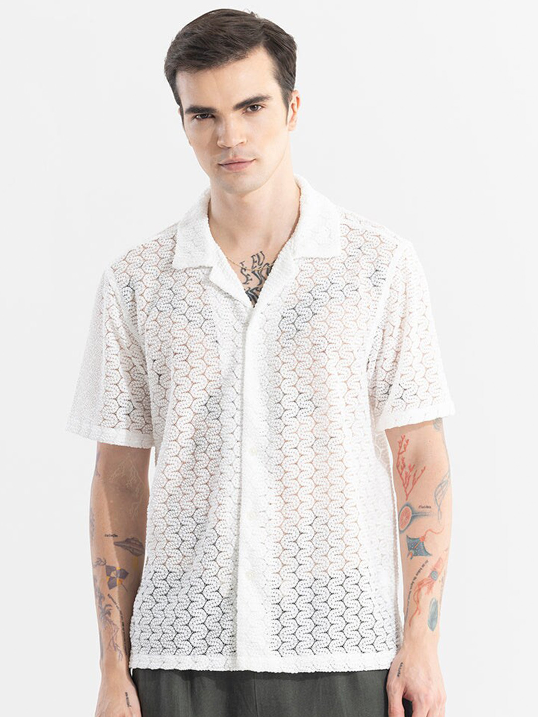Snitch Classic Cutaway Collar Short Sleeves Boxy Printed Casual Crochet Shirt