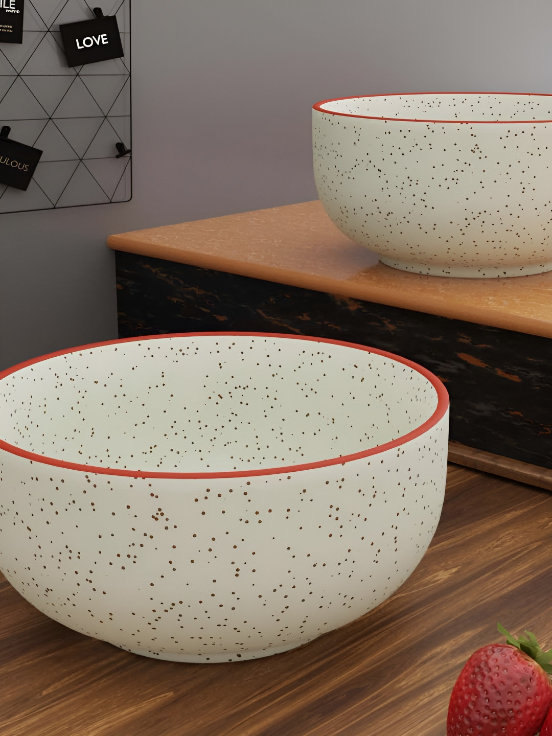 The Earth Store White & Red 2 Pieces Textured Ceramic Matte Bowls 900 ml