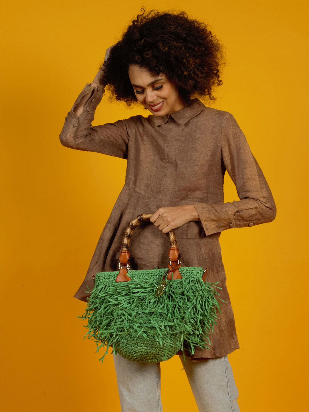 HIE Women Daisy Textured Self Design Jute Fringed Miniature Sling Bag