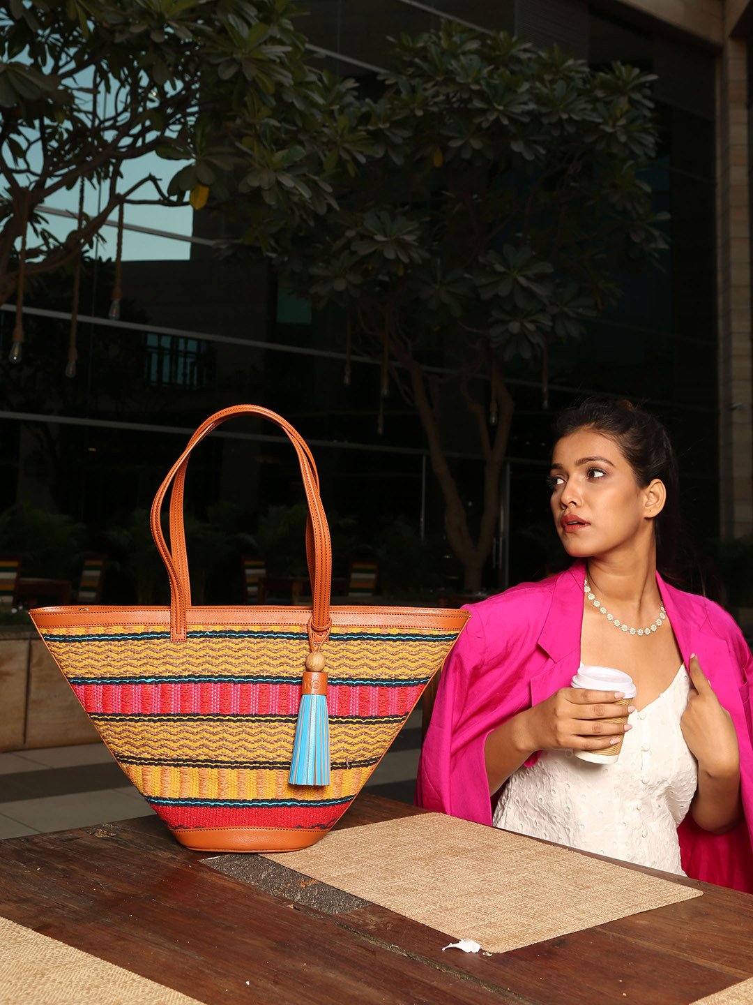 HIE Serena Women's Geometric Textured Tassels Shopper Shoulder Tote Bag