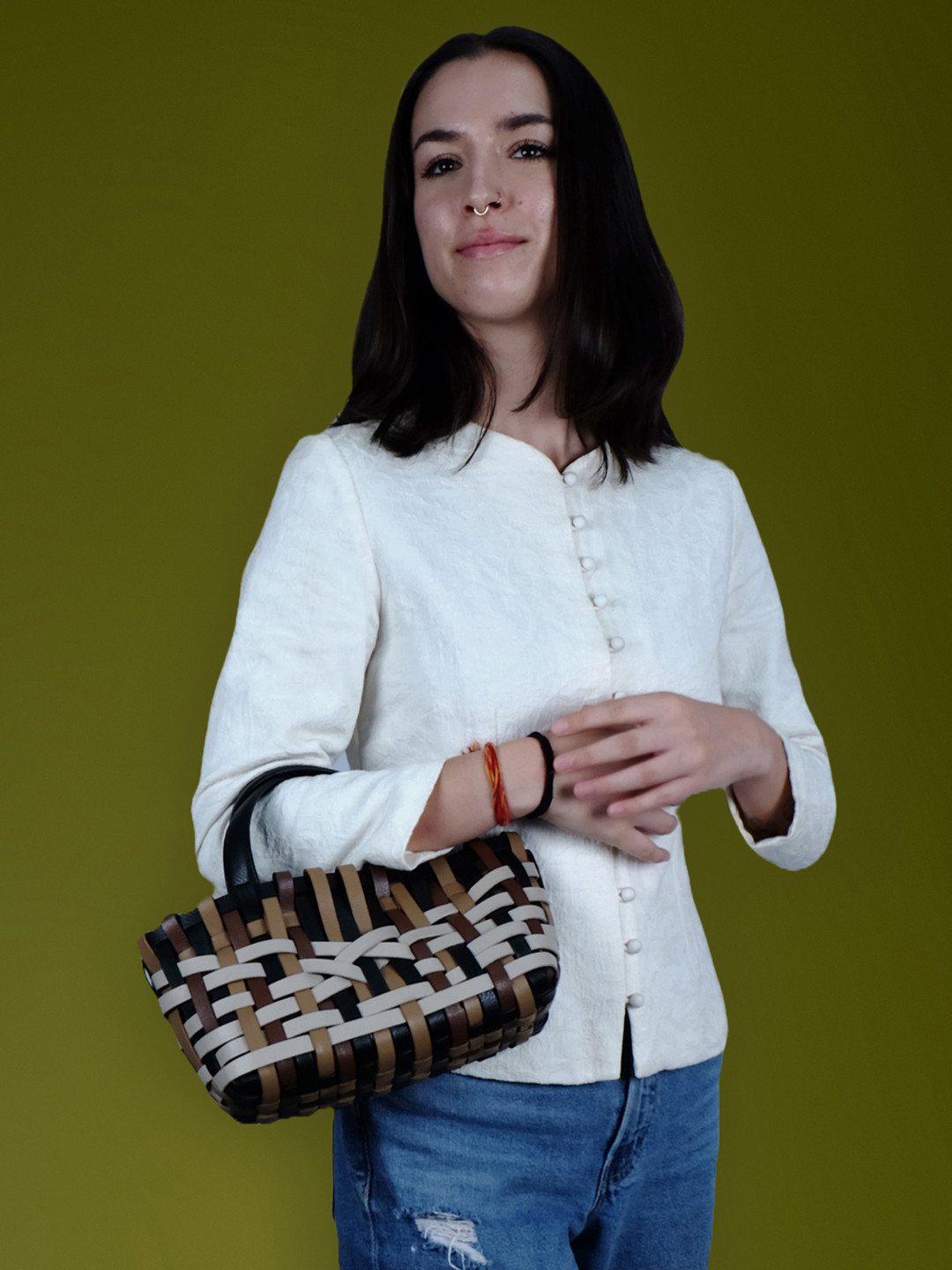 HIE Multicolored Strap Handwoven Structured Self-Design Shopper Bag