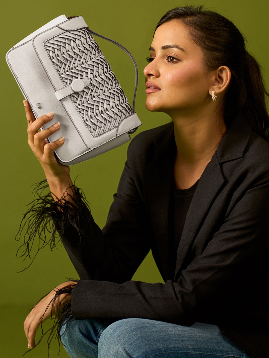 HIE Women's Textured Samah Self-Design Structured Handheld Sling Bag