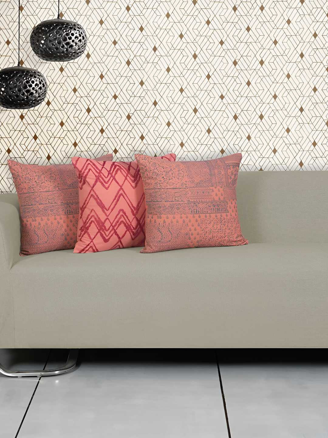 Ode & Cleo Embroidered Coral Geometric Cotton Lightweight 3 Pcs Cushion Covers -18x18In