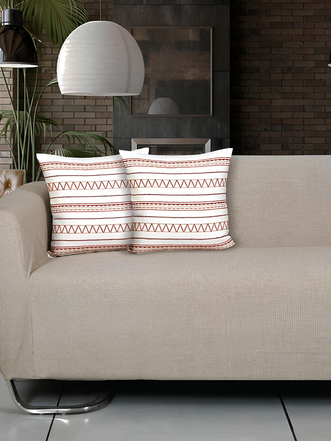 Ode & Cleo Slub Zip Closure Geometric Cotton 2 Pcs Embroidered Cushion Covers - 18 x 18 In