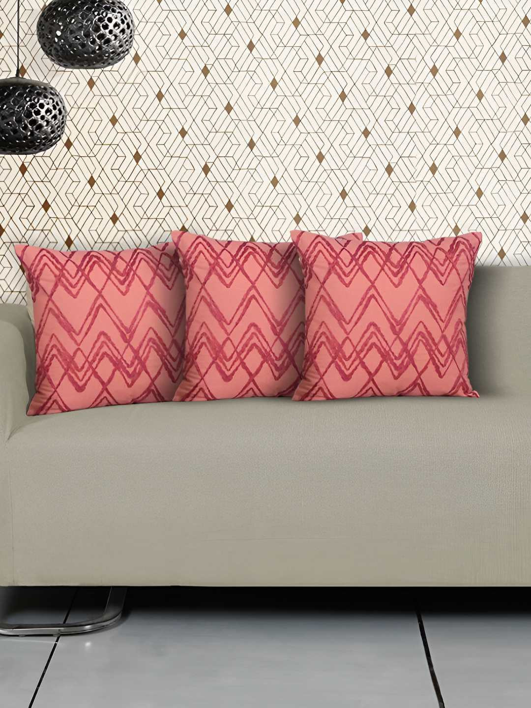 Ode & Cleo Pink & Red 2 Pieces Embroidered Square Cotton Cushion Covers
