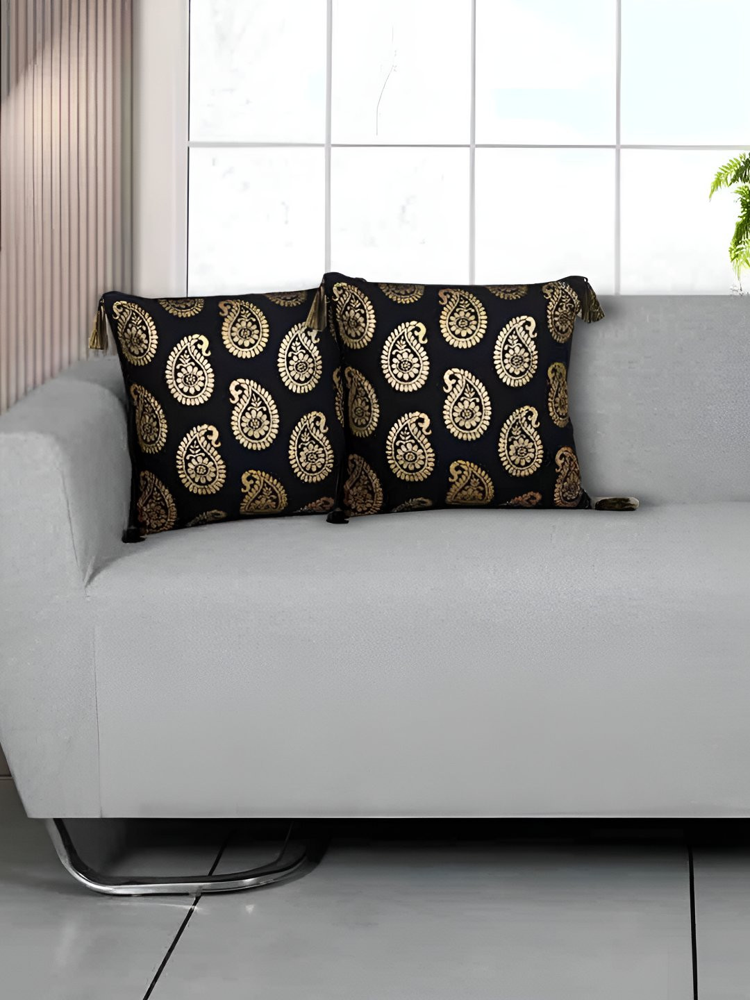 Ode & Cleo Black & Gold-Toned Set of 3 Ethnic Motifs Square Cushion Covers