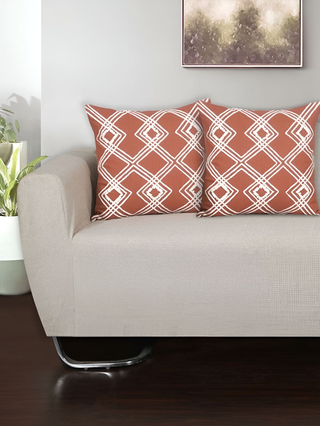 Ode & Cleo Light-Weight Brown Cotton 2 Piece Embroidered Square Cushion Covers -18x18In