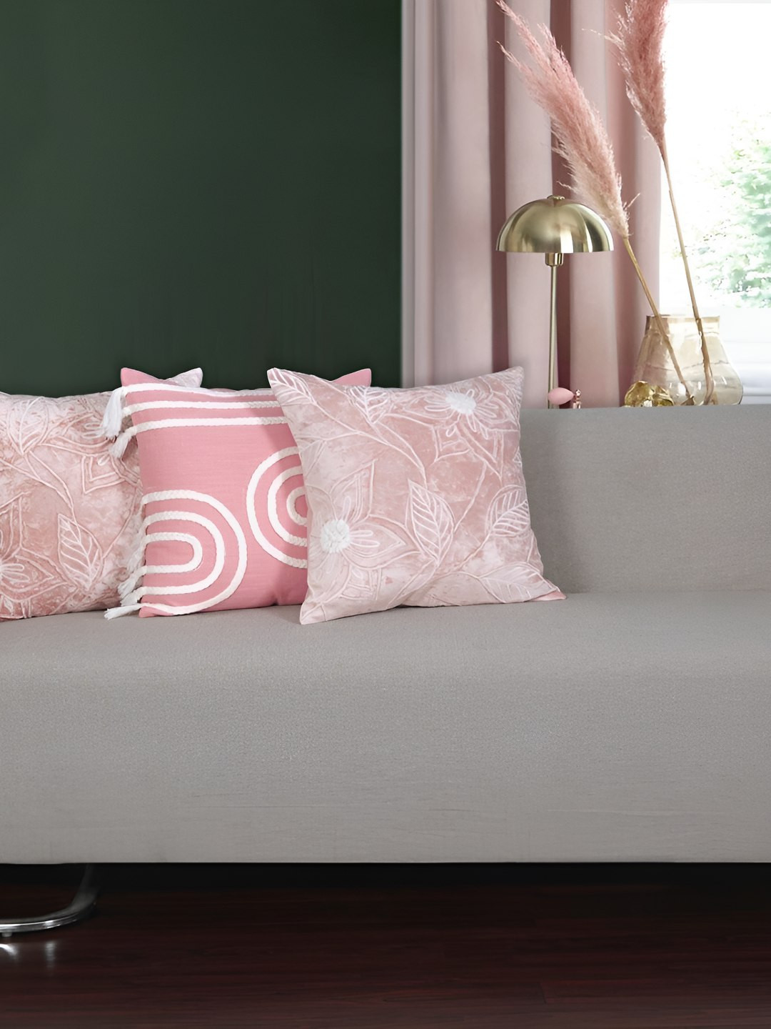 Ode & Cleo Floral Cotton 3 Pcs Embroidered Square Cushion Covers - 18 x 18 In