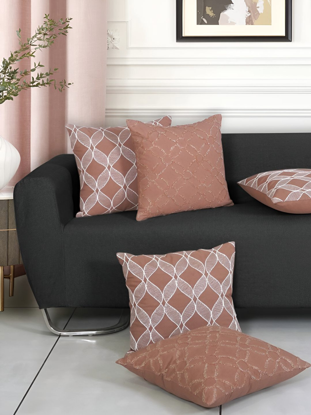 Ode & Cleo Embroidered Brown Embroidered Cotton Durable 5 Pcs Cushion Covers -17.7x17.7In