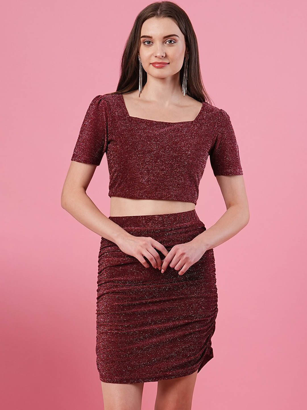 Globus Women Maroon Party Co-Ord Set With Square Neck Top & Skirt