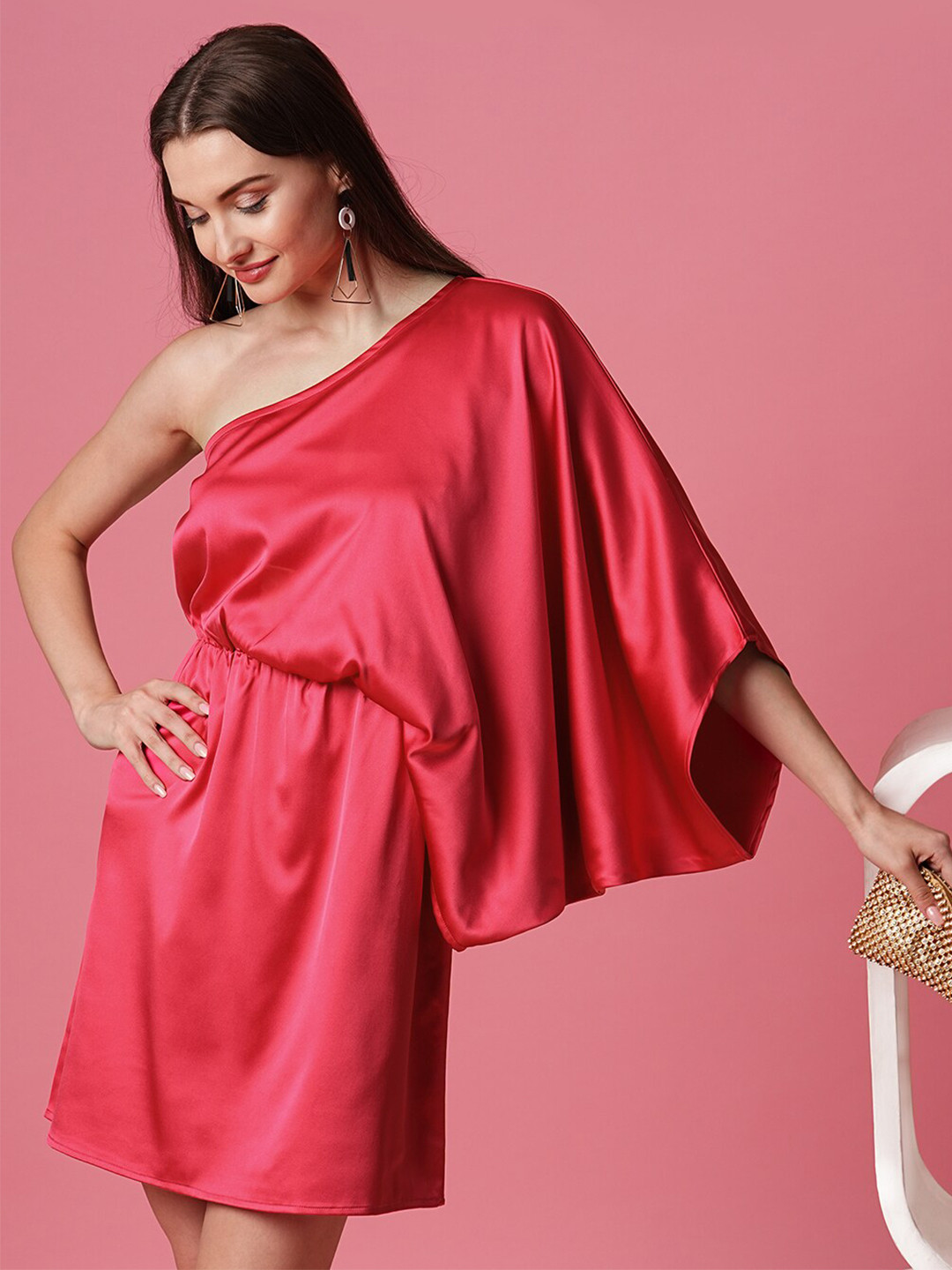 Globus One Shoulder Batwing Sleeve Satin A-Line Mini Dress