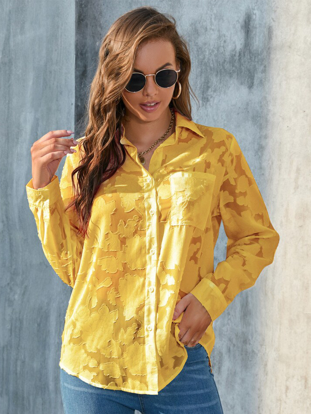 StyleCast Yellow Floral Self Design Cuffed Sleeves Chiffon Shirt Style Top