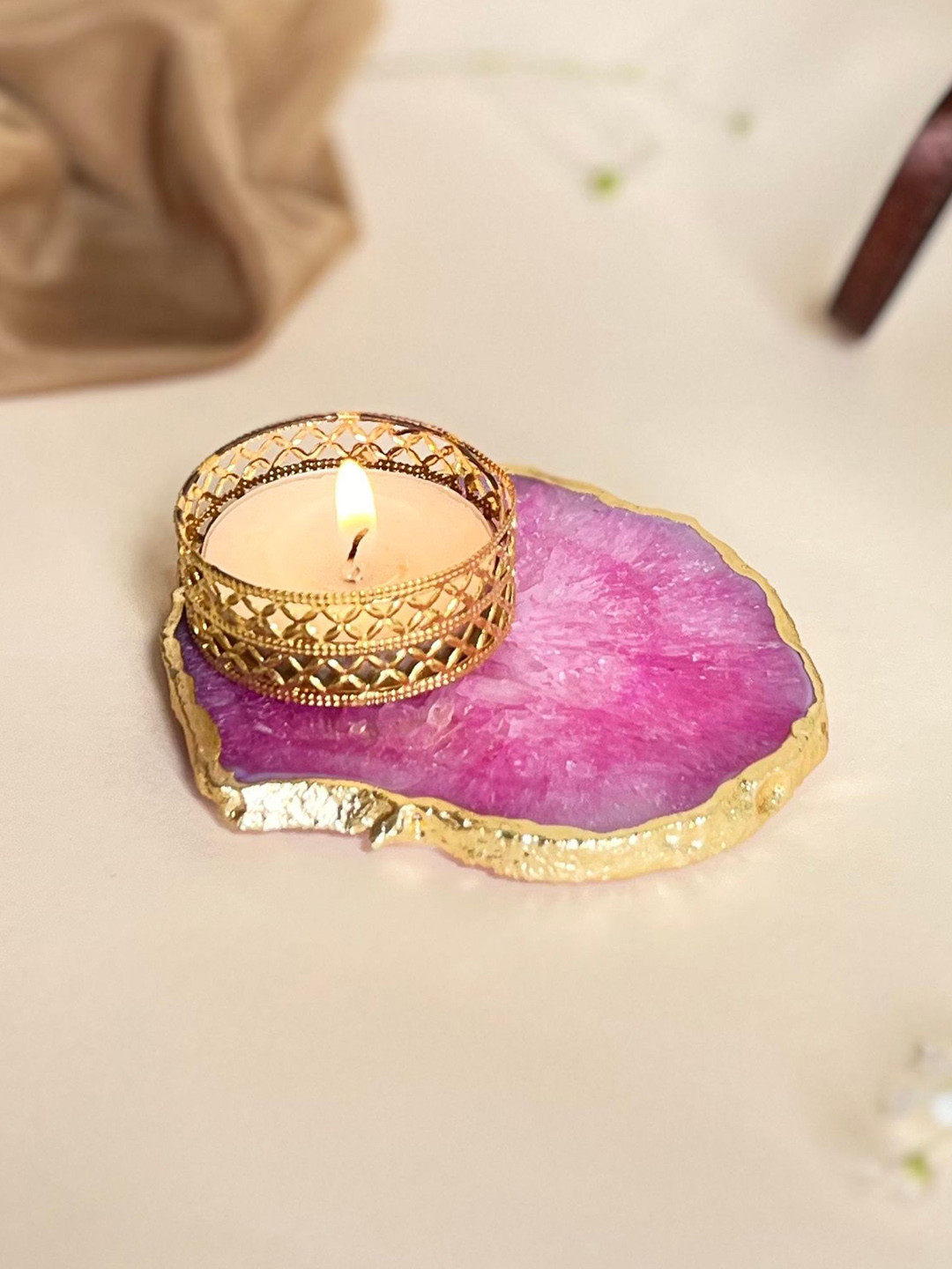 HOMEARTE Pink Agate Tea Light Candle Holder