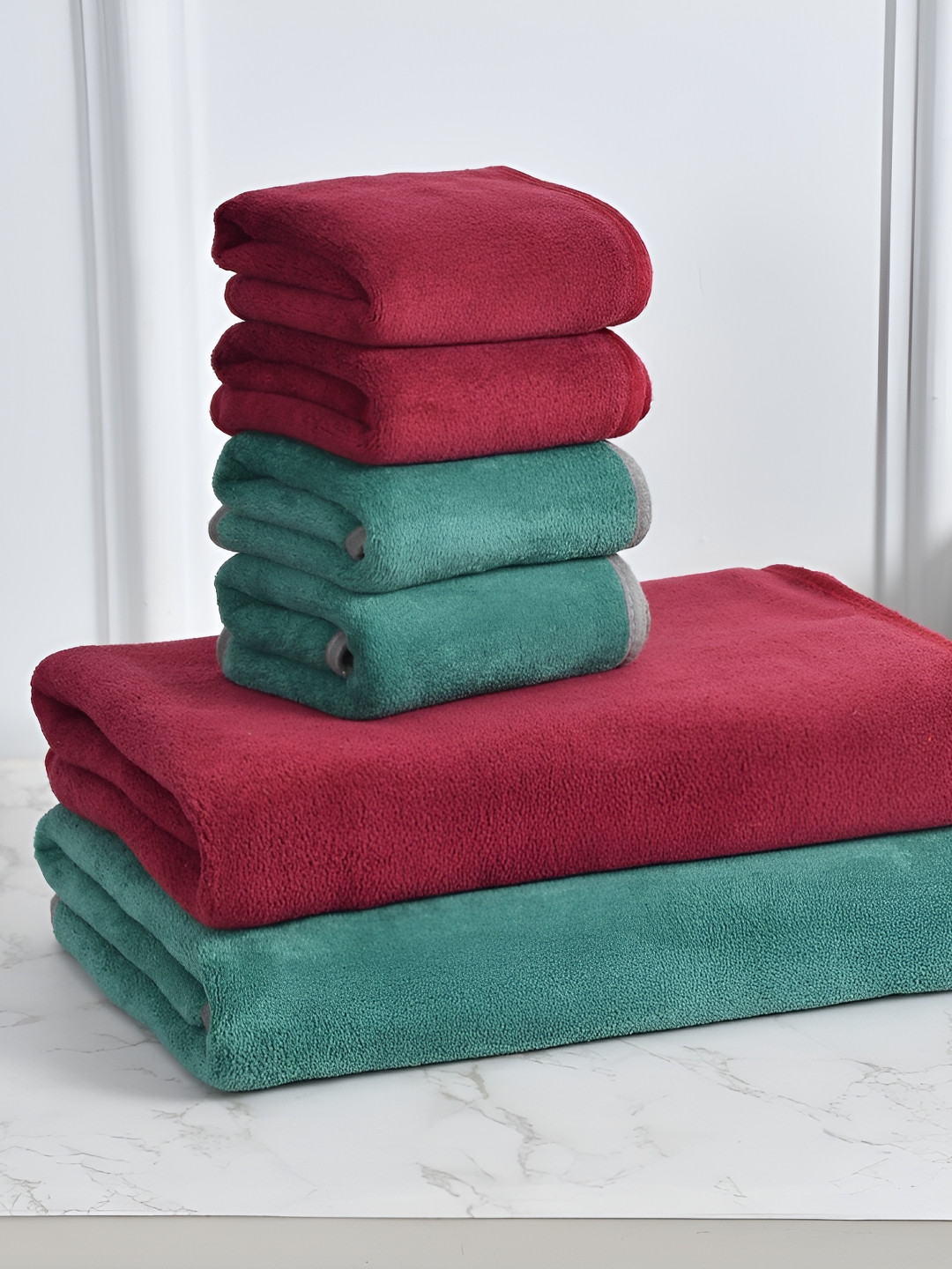 Cotton Bolls Textiles Maroon & Green 6Pcs Microfiber 300 GSM Ultra Soft Towel Set