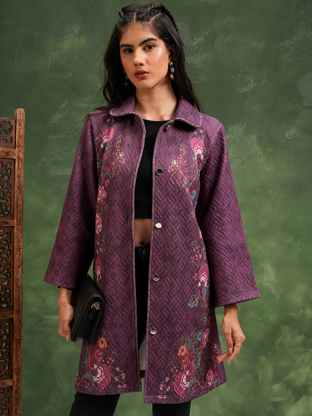 Vishudh Floral Printed Spread Collar Longline Quilted Jacket