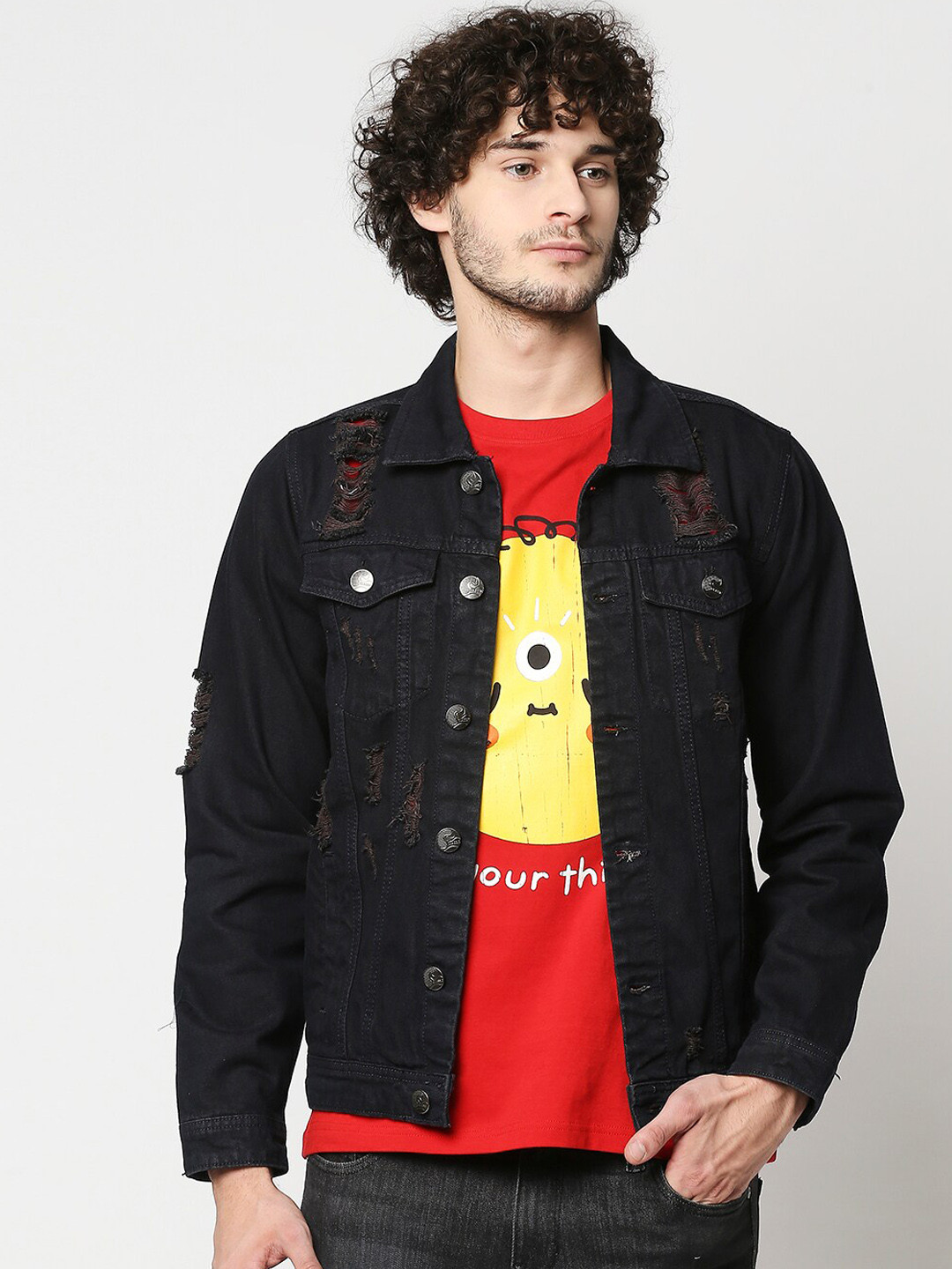 High Star Spread Collar Self Design Crop Denim Jacket
