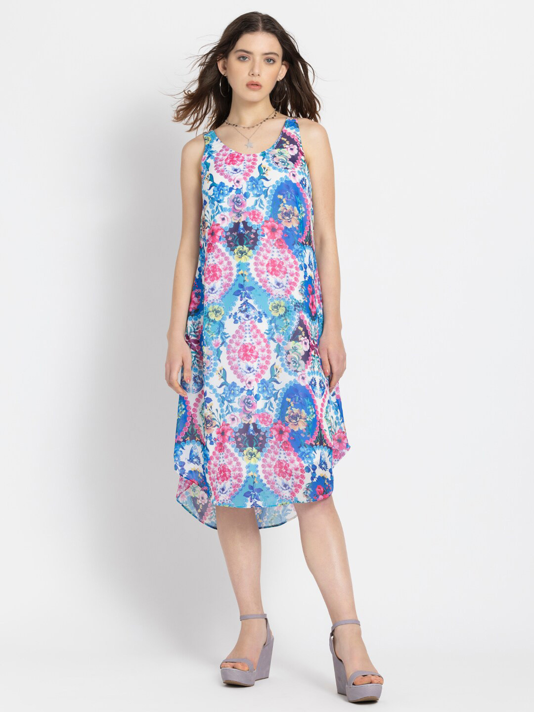 SHAYE Floral Printed A-Line Midi Dress