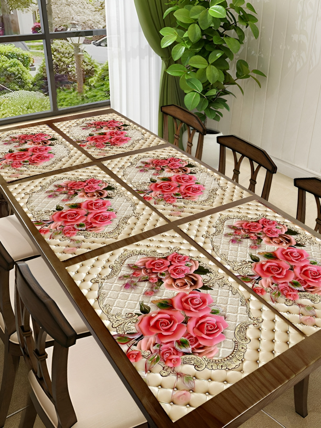 REVEXO Pink & Beige 6 Pieces Floral Printed Waterproof & Washable Table Placemats