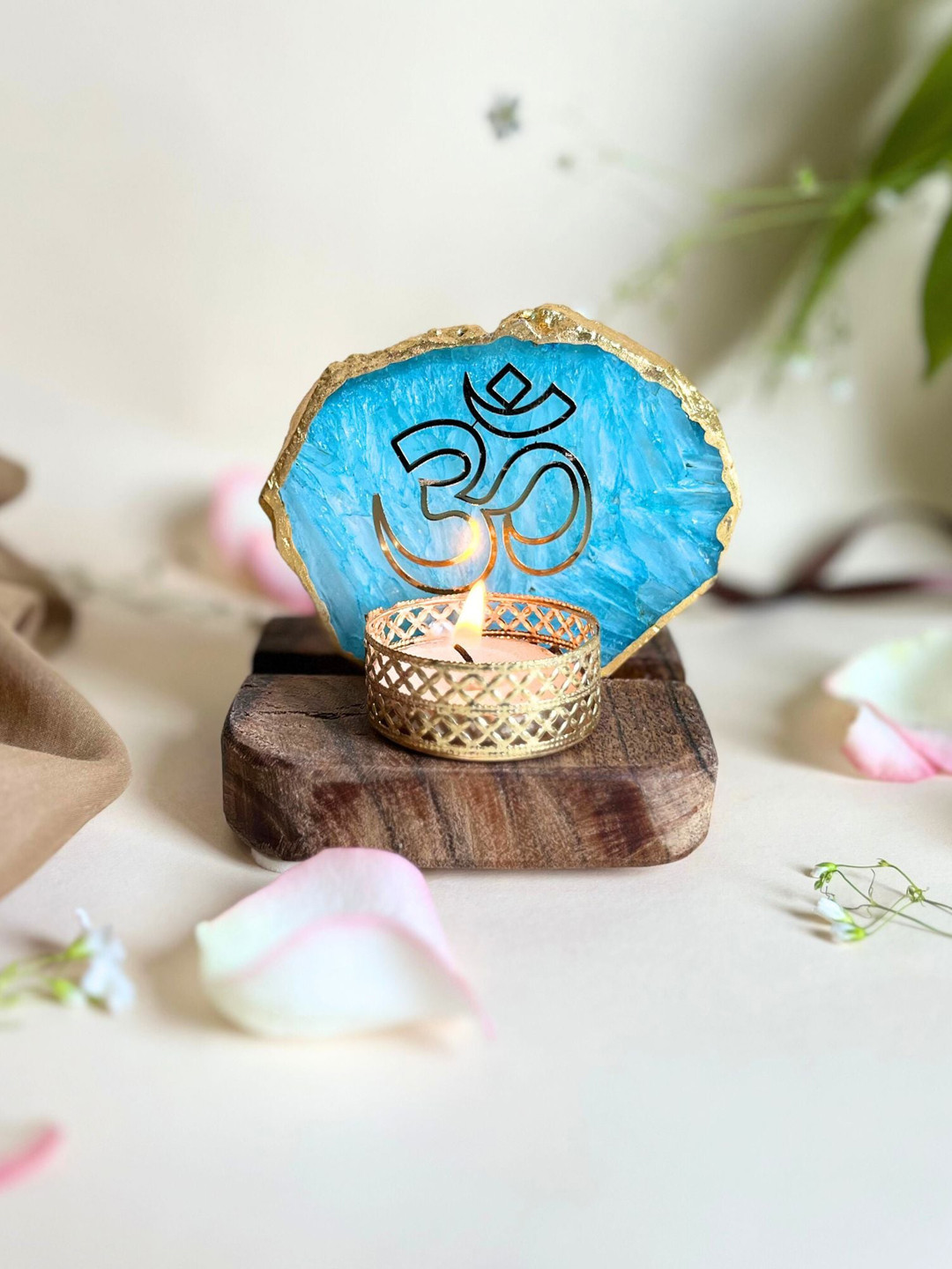 HOMEARTE Turquoise Blue Agate OM Tea Light Candle Holder