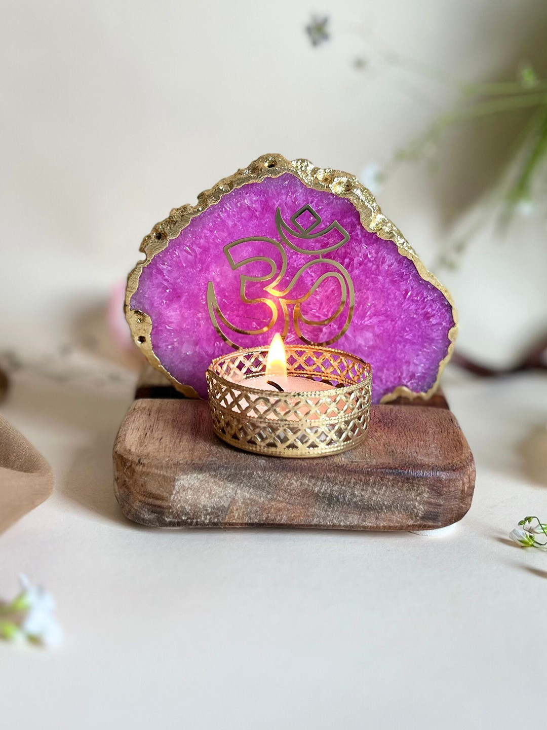 HOMEARTE Pink Agate OM Tea Light Candle Holder