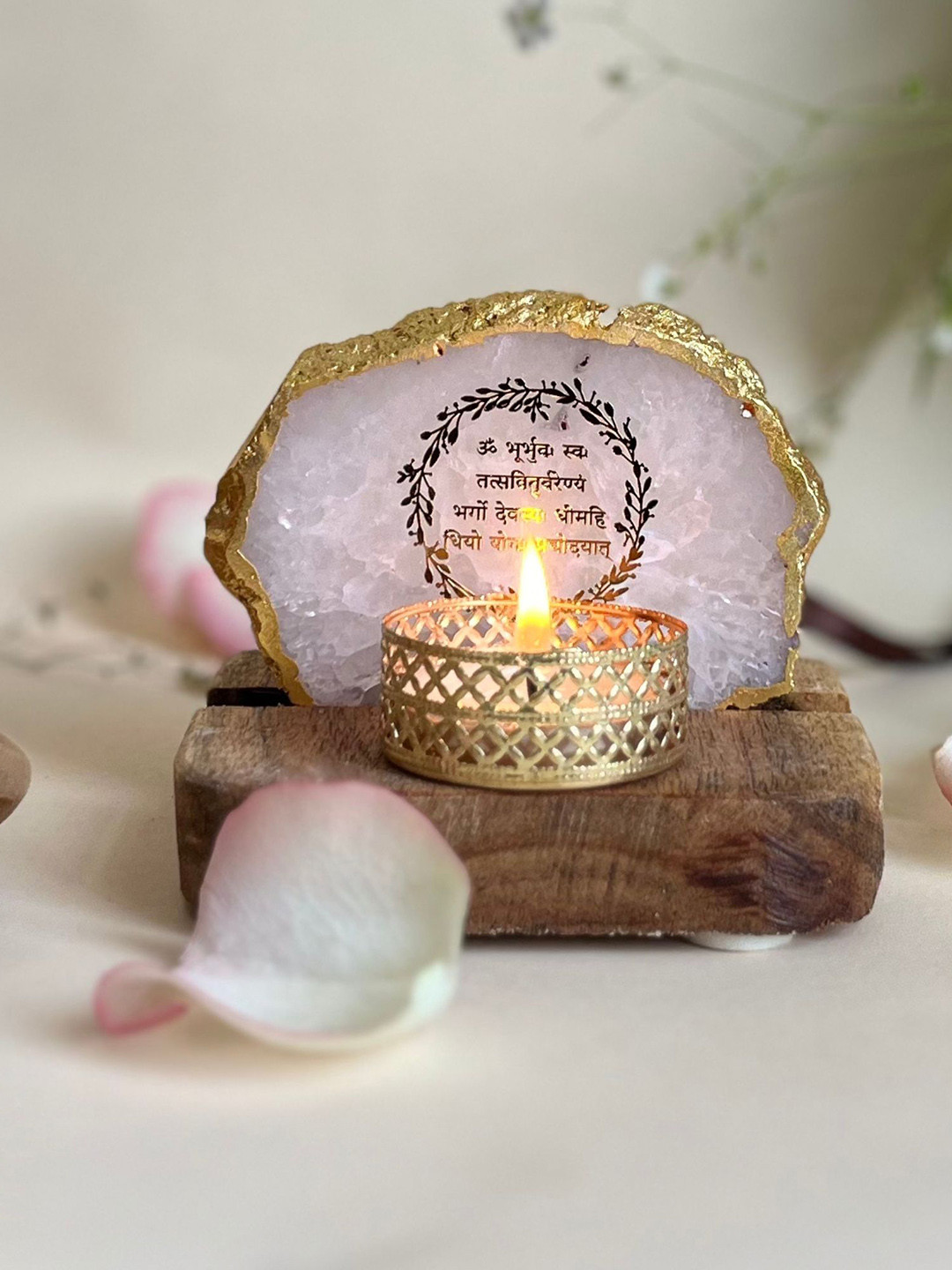 HOMEARTE White Agate Gayatri Mantra Tea Light Candle Holder