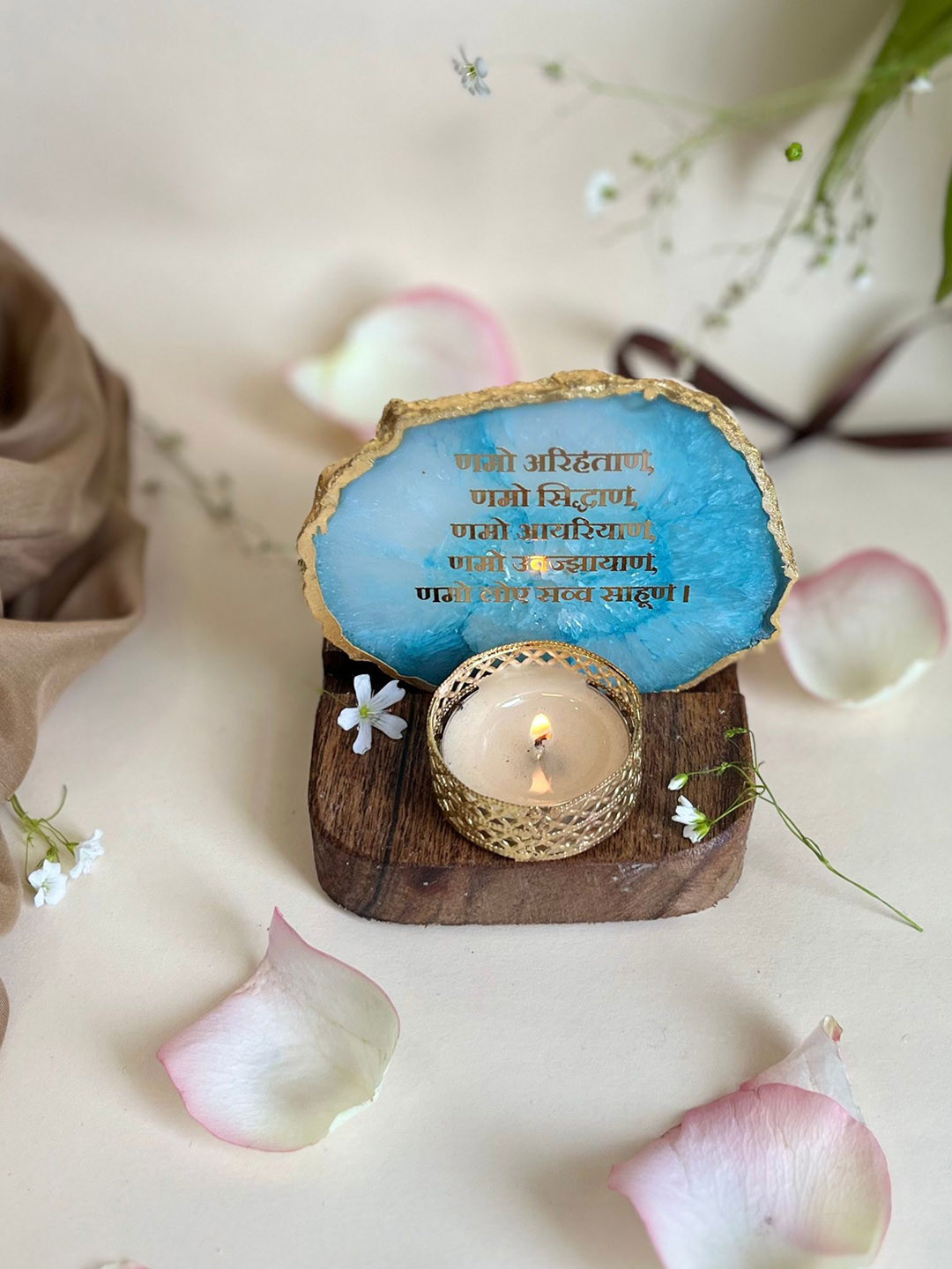 HOMEARTE Turquoise Blue Agate Namokar Mantra Tea Light Candle Holder