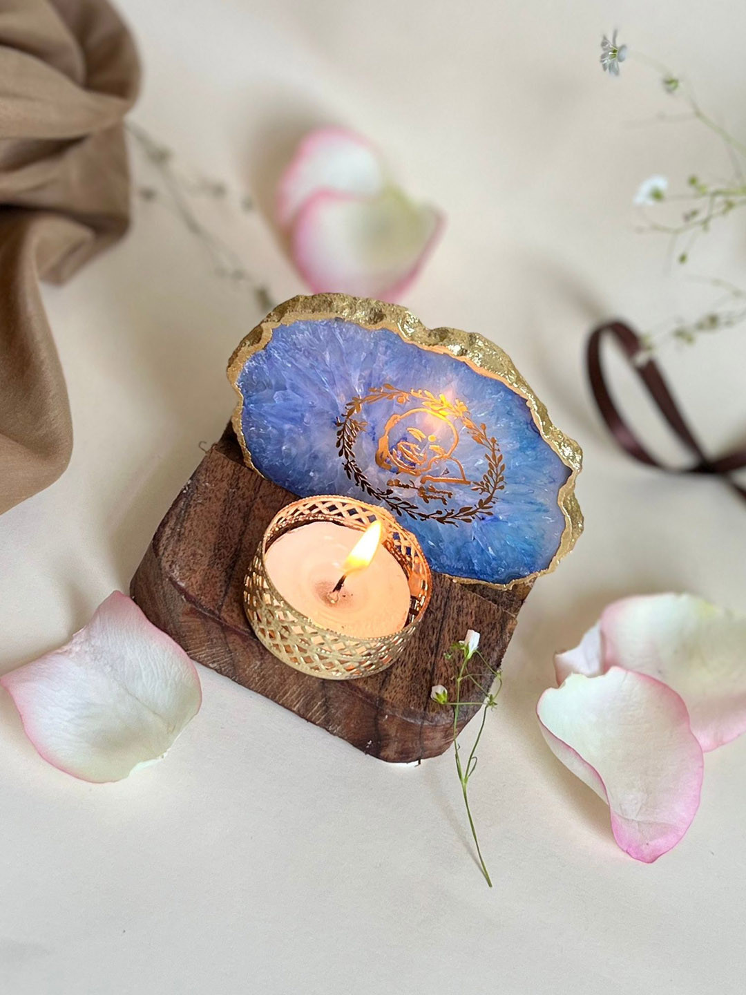 HOMEARTE Blue Agate Guru Ji Tea Light Candle Holder