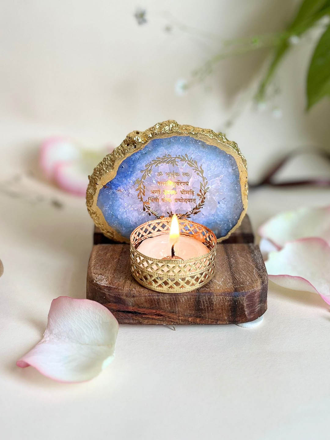 HOMEARTE Blue Agate Gayatri Mantra Tea Light Candle Holder