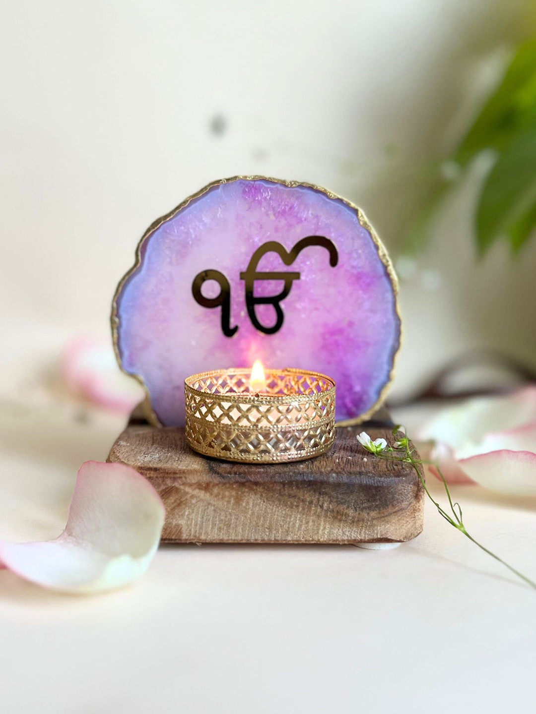 HOMEARTE Pink Agate Ik Onkar Tea Light Candle Holder