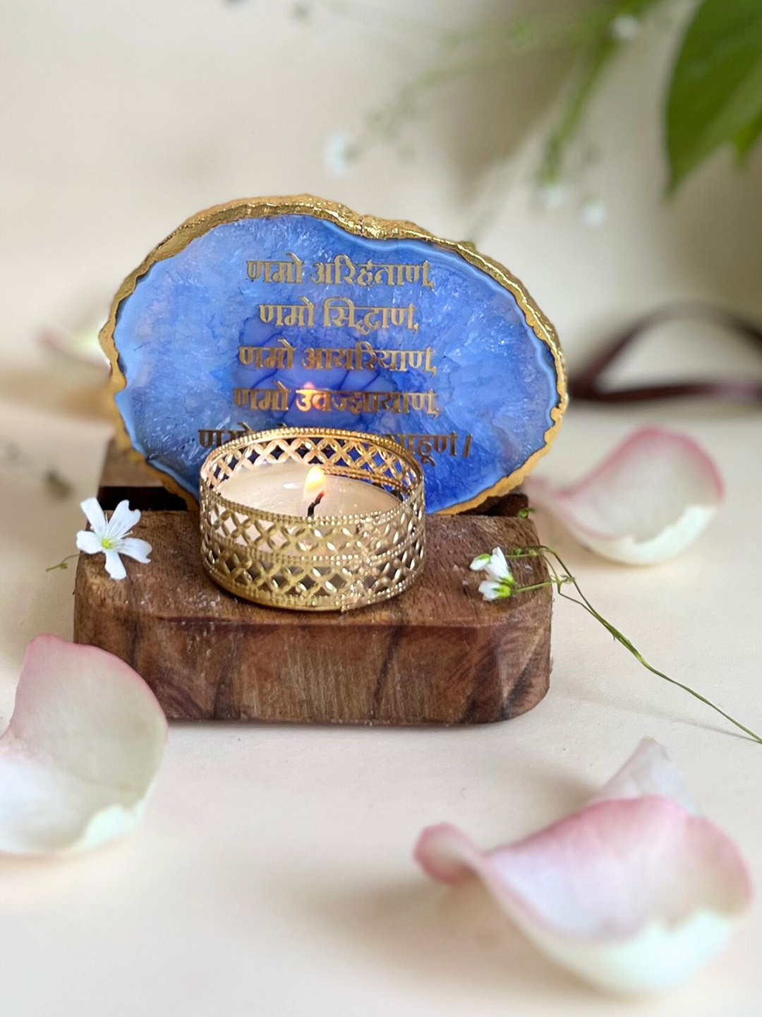 HOMEARTE Blue Agate Namokar Mantra Tea Light Candle Holder