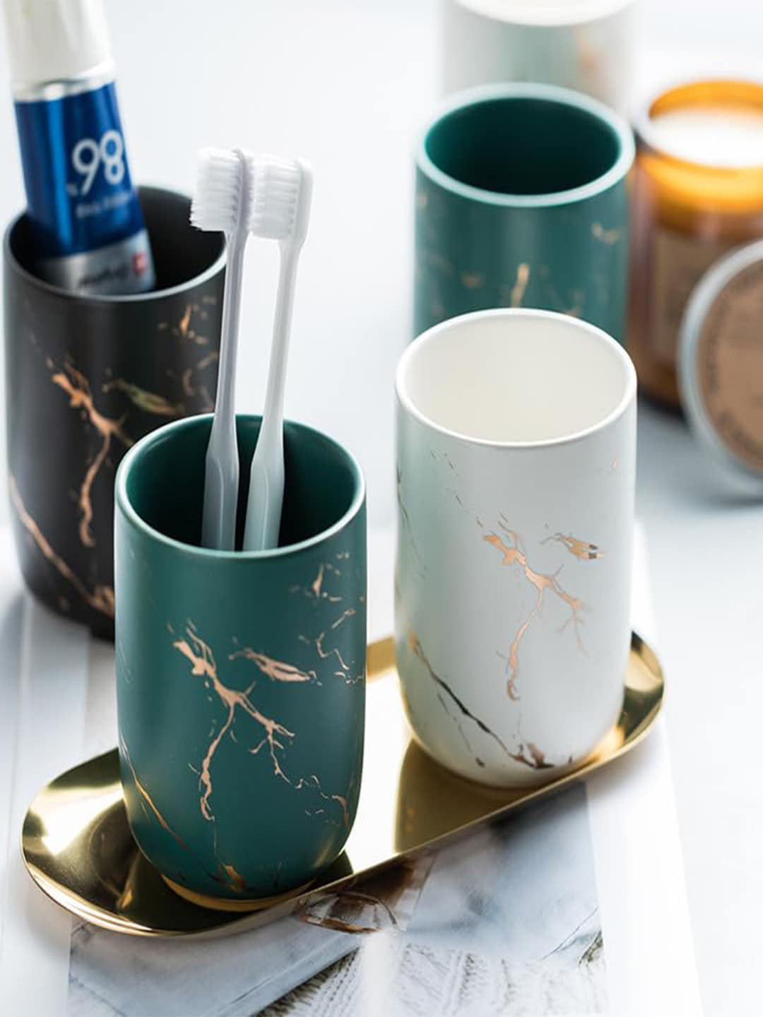 Kuber Industries Green & White 2 Pieces Ceramic Marble Toothbrush Holders