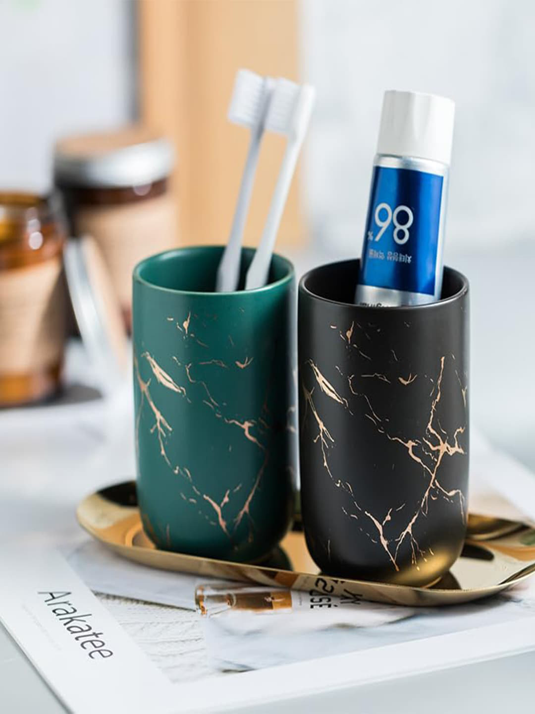 Kuber Industries Green & Black 3 Pieces Geometric Ceramic Toothbrush Holder with Tray