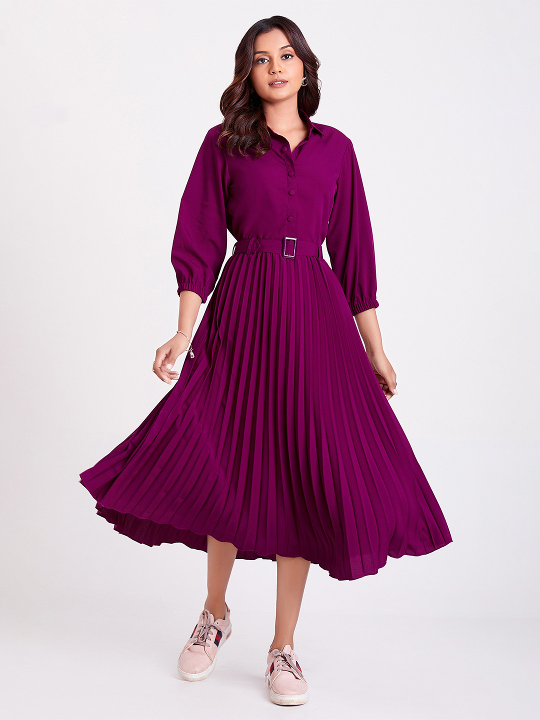 FLOWERVELLY Shirt Collar Accordion Pleated Fit & Flare Midi Dress With Belt