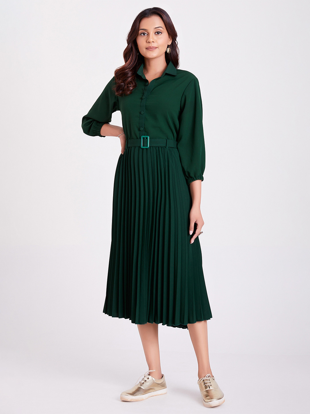 FLOWERVELLY Shirt Collar Fit & Flare Midi Dress With Belt