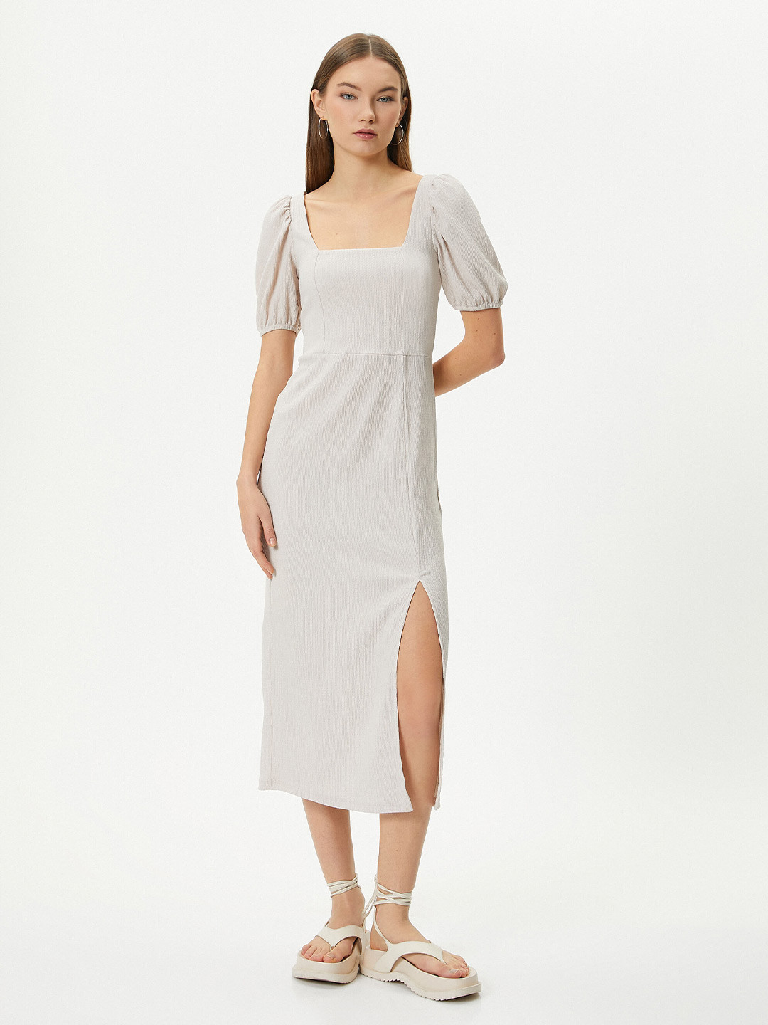 Koton Square Neck Puff Sleeve Sheath Midi Dress