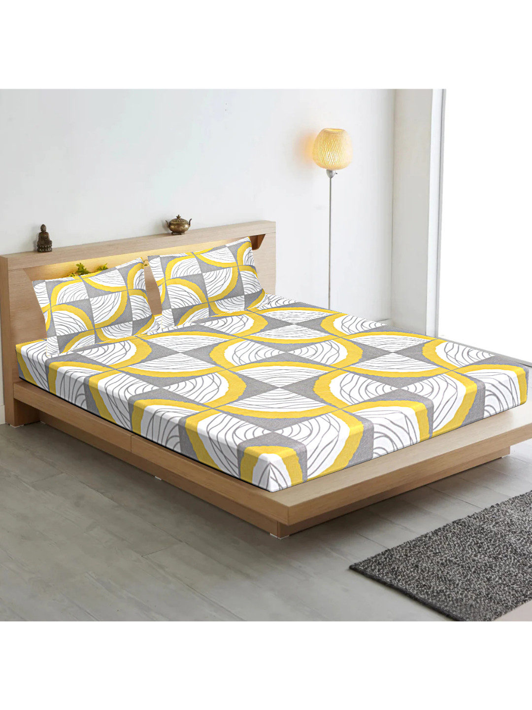 INDHOME LIFE Yellow Geometric Cotton 210 TC Fitted Queen Fine Bedsheet with 2 Pillow Covers-106 x 98 inches