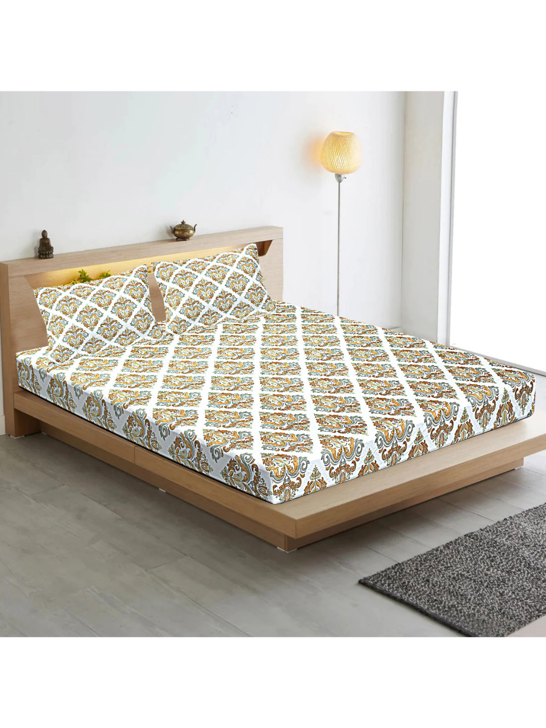 INDHOME LIFE Orange Ethnic Motifs Cotton 210 TC Fitted Queen Fine Bedsheet with 2 Pillow Covers-106 x 98 inches