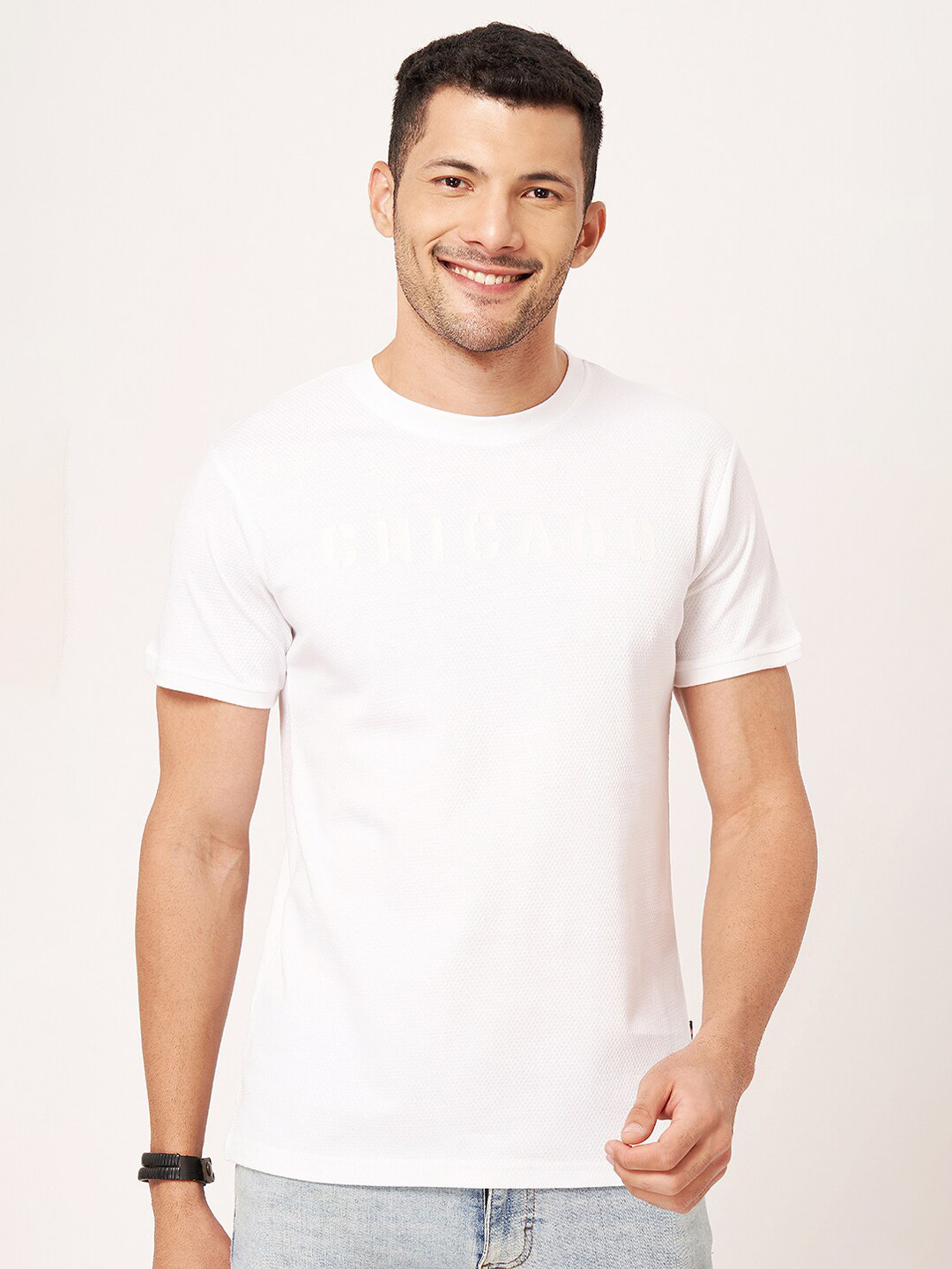 ZU Textured Pure Cotton Round Neck Regular T-shirt