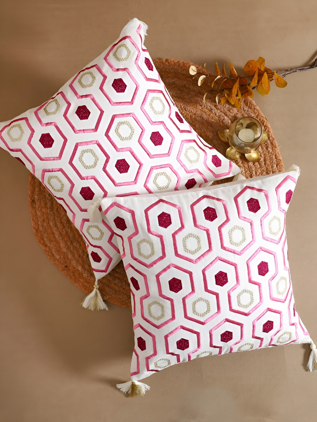 Ratan Cart Light-Weight Geometric Polyester Silk 2 Pcs Embroidered Cushion Covers -16x16In